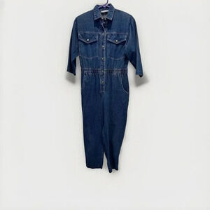 Vintage 80's IDEAS Denim‎ Romper Coveralls Jumpsuit Medium Denim Snap 3/4 Sleeve